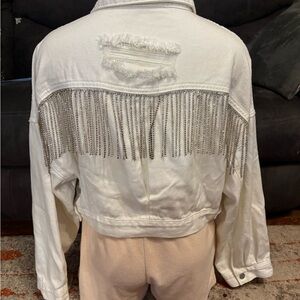 🎉 Blue B Collection Rhinestone Fringe White Denim Distressed Jacket!